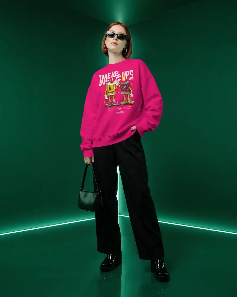 Neon Green Corner Sweatshirt Mockup Female Model Standing Modern Fashion Studio Scene