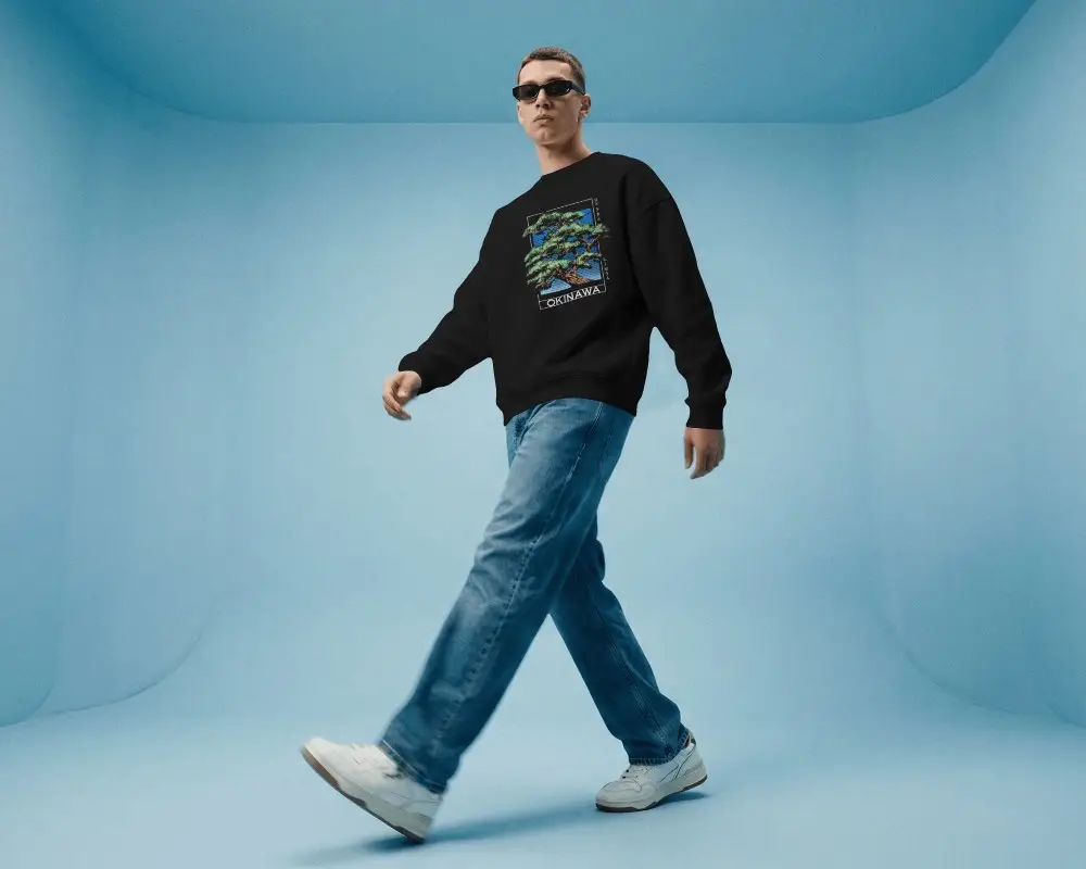 Walking Male Model Sweatshirt Mockup Clean Blue Studio Modern Fashion Lifestyle Scene