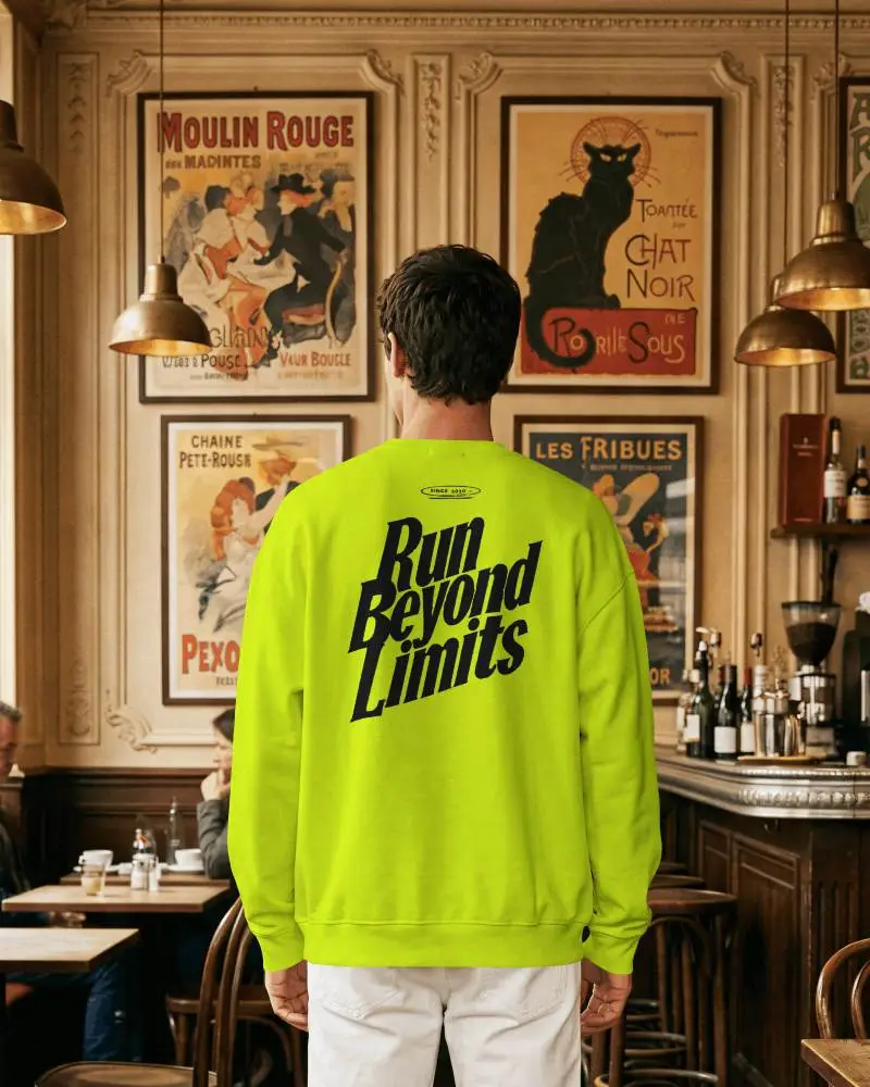 Back View Sweatshirt Mockup Male Model Standing In Vintage Cafe Interior Lifestyle Scene