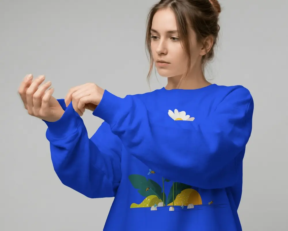 Closeup Female Model Adjusting Sleeve Sweatshirt Mockup Clean Minimal Studio Portrait