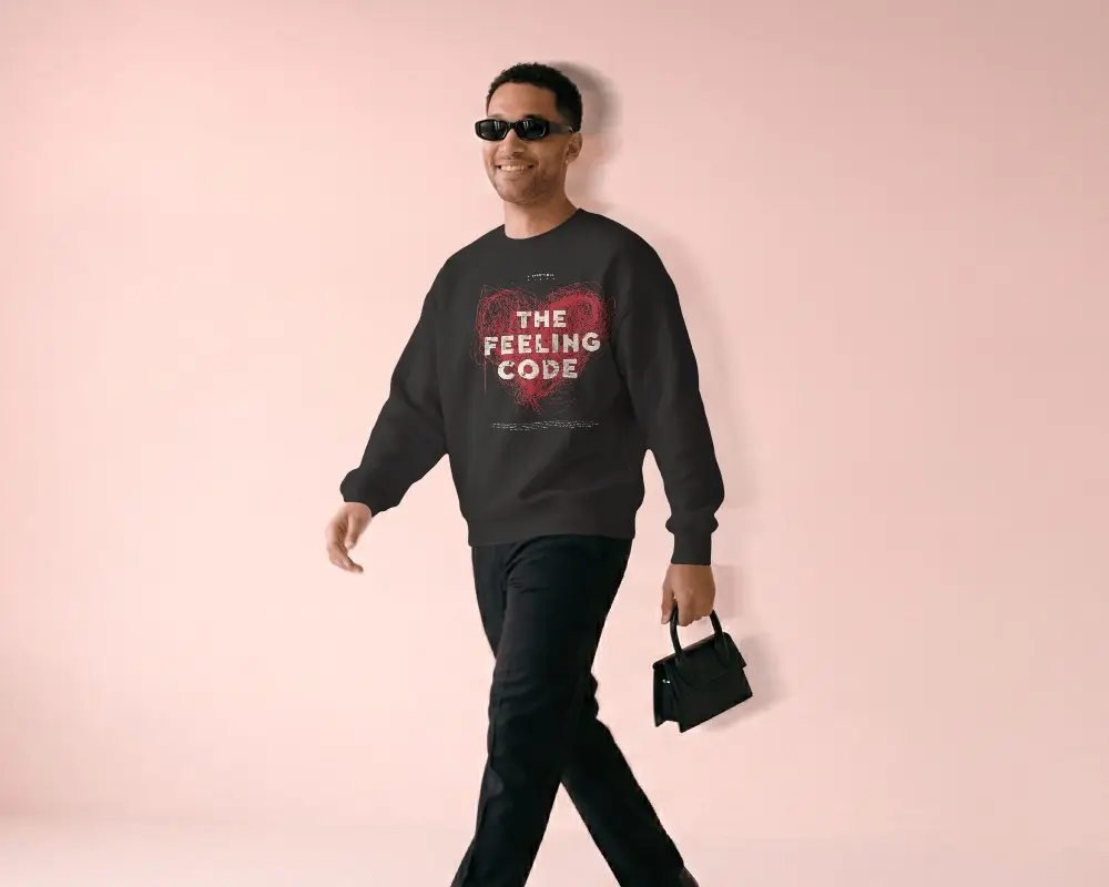 Walking Male Model Sweatshirt Mockup With Handbag Clean Pink Studio Fashion Scene