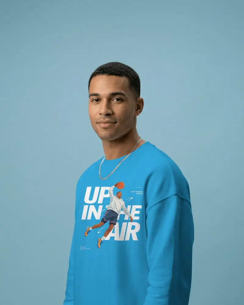Portrait Style Sweatshirt Mockup Male Model Facing Camera Minimal Blue Background