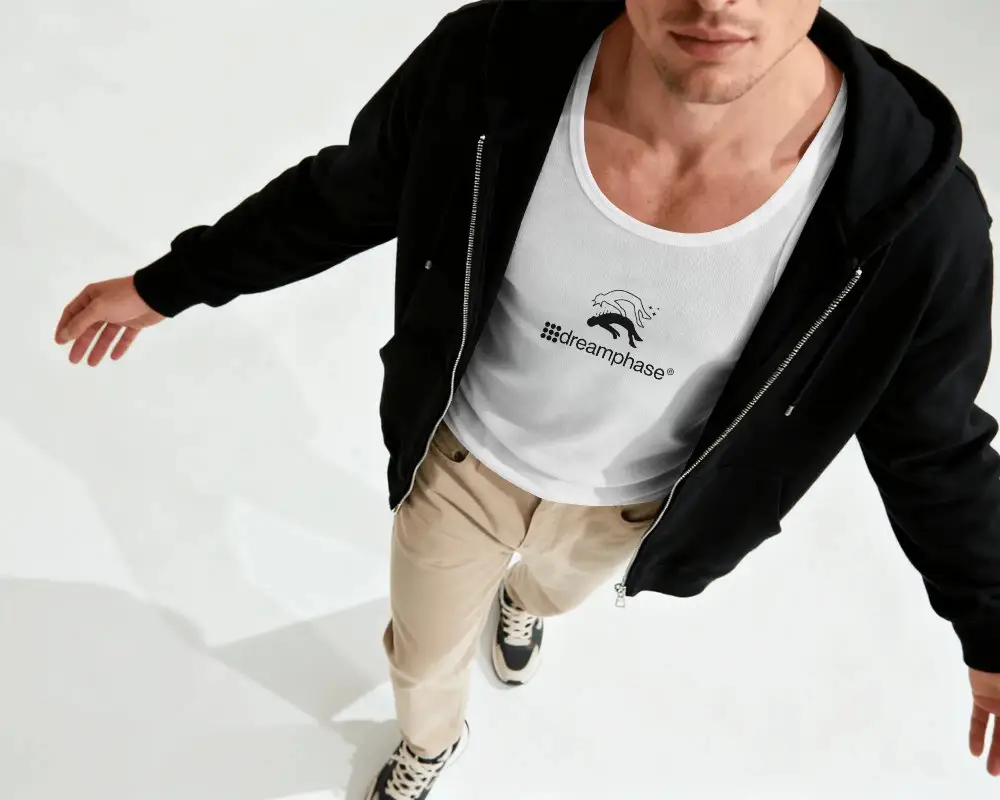 Front View Male Model Wearing Fitted Tank Top Mockup Under Hooded Jacket Ideal For Fitness Fashion