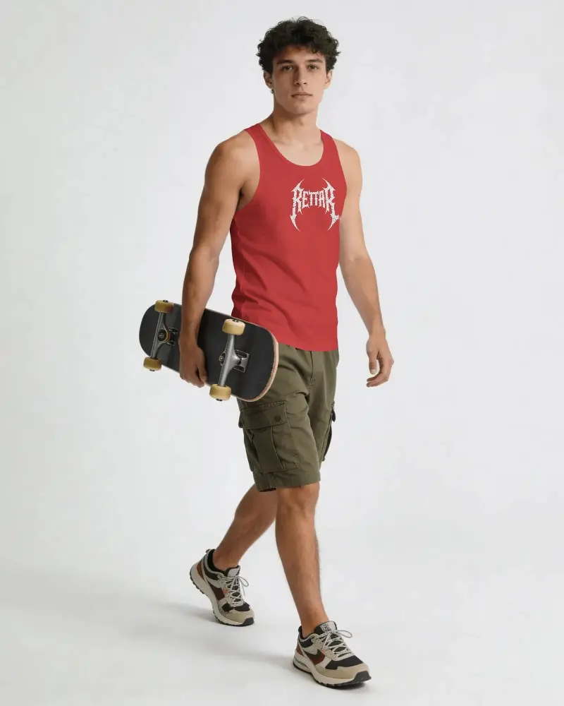Casual Summer Mens Tank Top Mockup Model Walking With Skateboard Urban Style Outfit