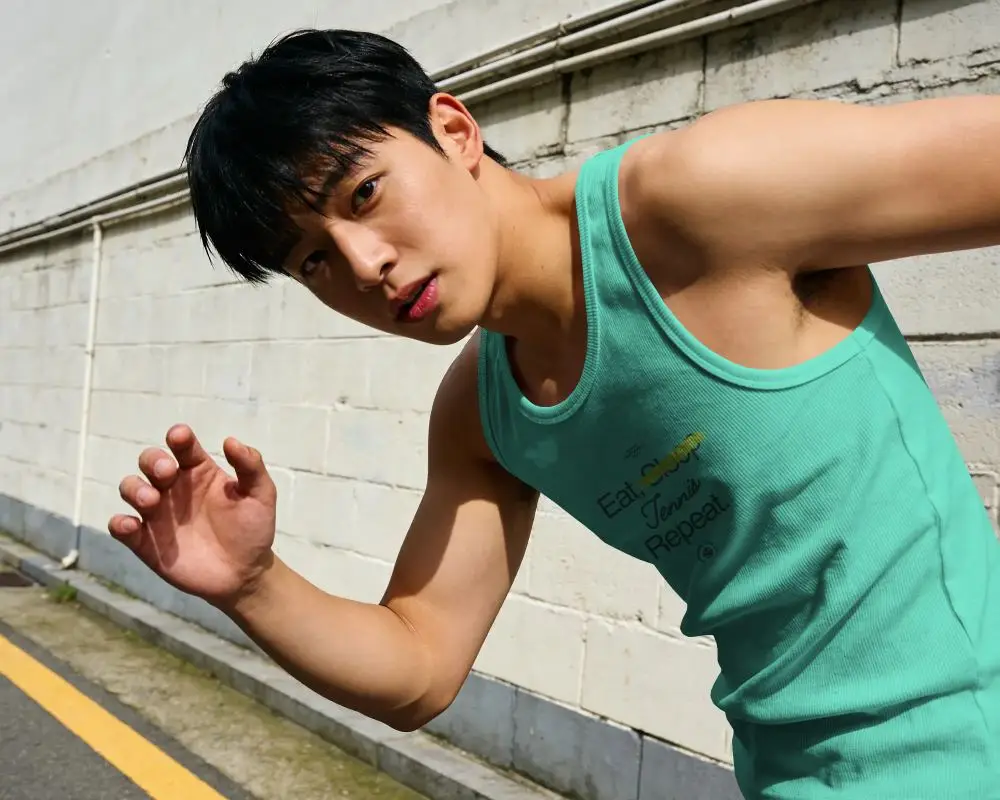 Athletic Mens Tank Top Mockup Model Standing Outdoor Urban Wall Background