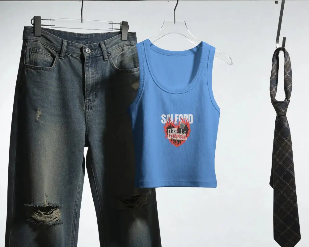Casual Tank Top Mockup With Distressed Denim Jeans And Patterned Tie On Clear Hangers