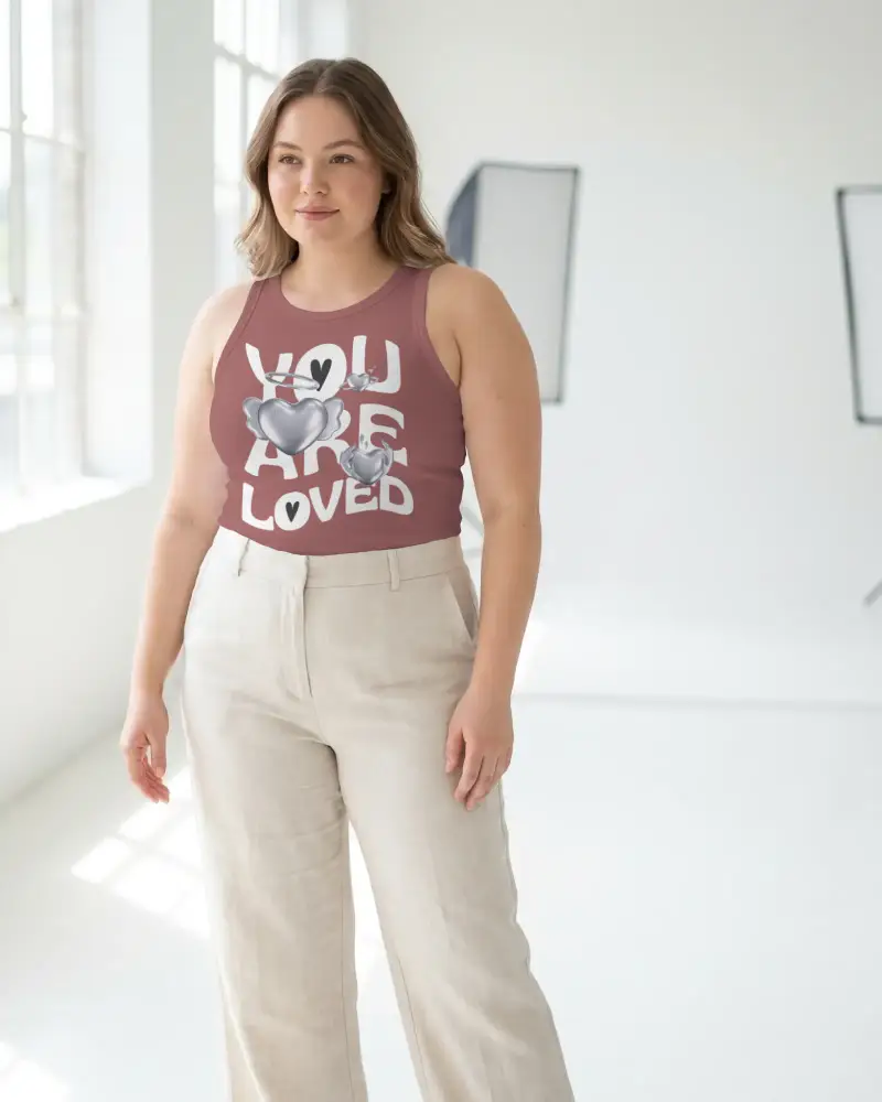 Casual Comfortable Womens Tank Top Mockup Posing In Bright Modern Photography Studio