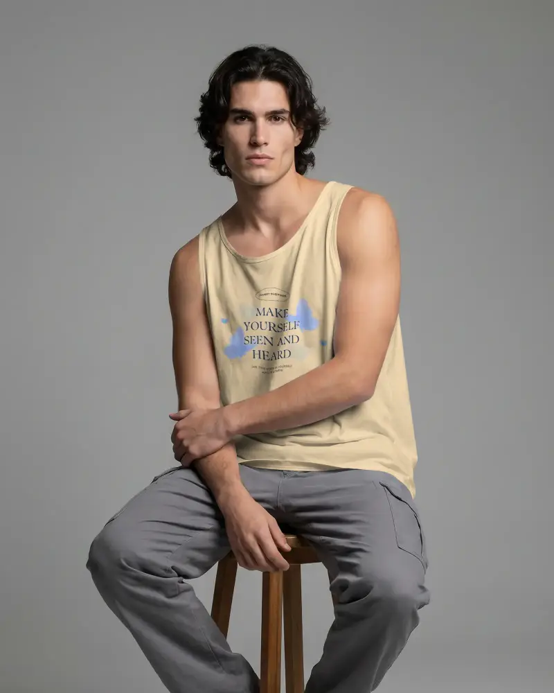 Stylish Men Tank Top Mockup Outfit Sitting On Stool Modern Minimalist Men Summer Fashion Look