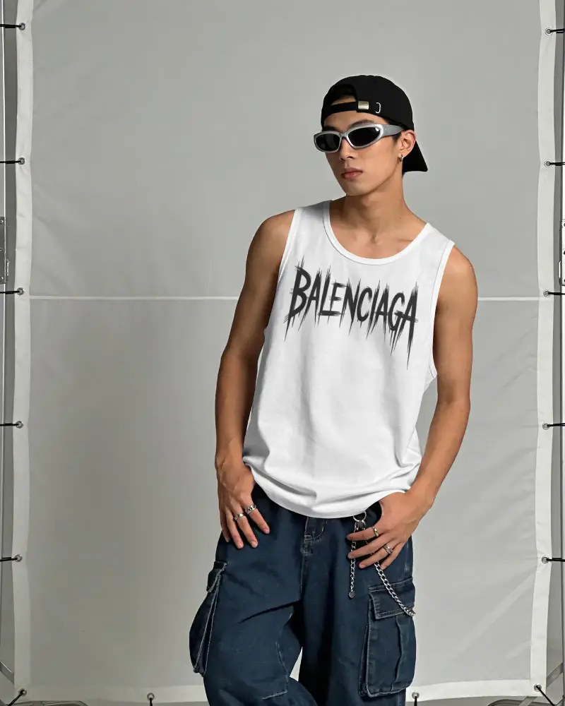 Urban Streetwear Men Tank Top Mockup Stylish Casual Summer Outfit Model Posing
