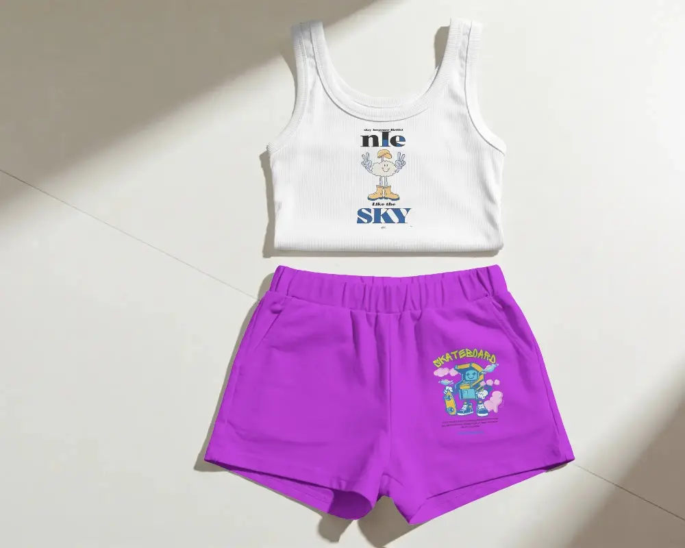 Comfortable Sleeveless Tank Top And Elastic Waist Shorts Loungewear Mockup Flatlay