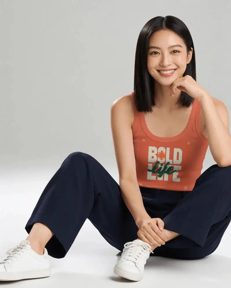 Stylish Womens Tank Top Mockup Presented In Relaxed Sitting Pose For Fashion Graphics