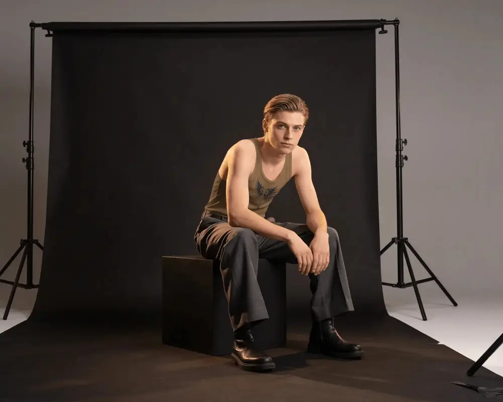 Male Model Wear Classic Tank Top In Fashion Studio Setting For Apparel Mockup Presentation