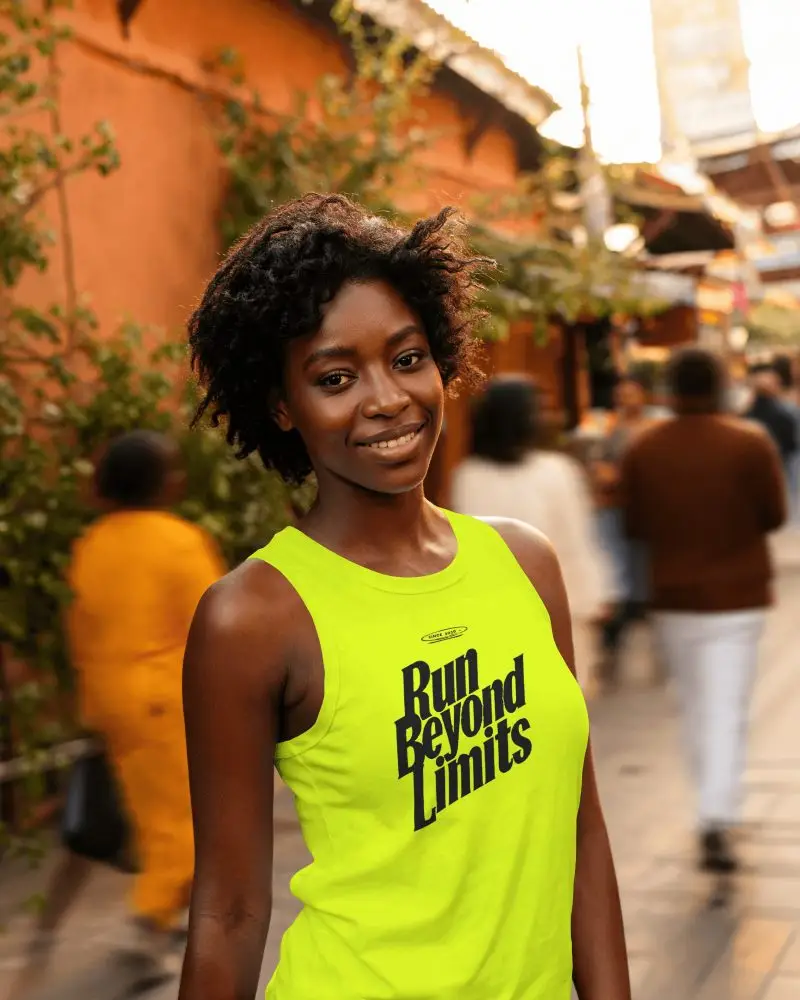 Outdoor Womens Tank Top Mockup On Smiling Female Model In Sunlit Urban Market