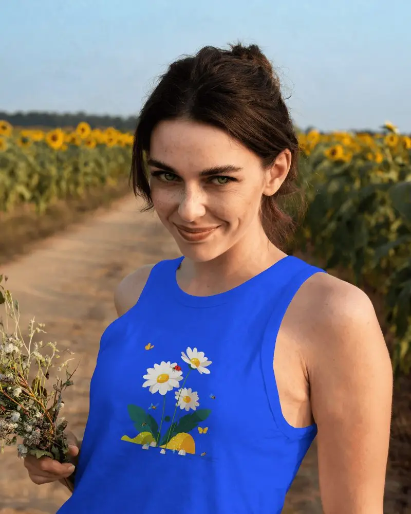 Summer Womens Tank Top Mockup On Female Model In Sunflower Field With Warm Natural Light