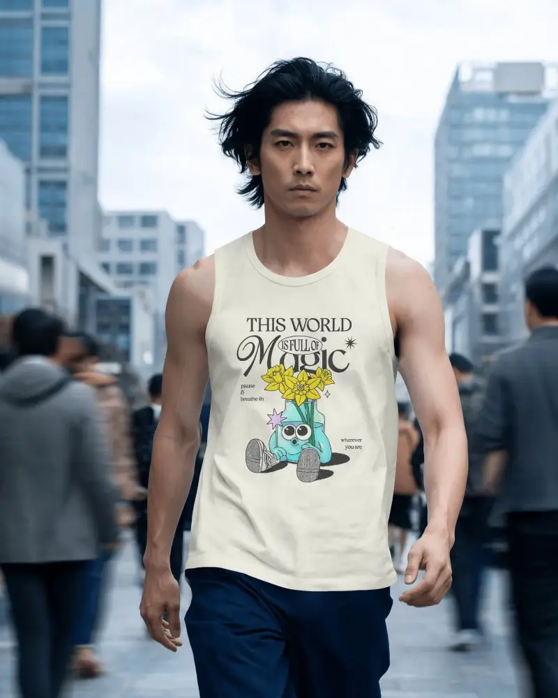 Mens Tank Top Vest Mockup On Male Model Walking Through Busy Modern City Street Urban Crowd