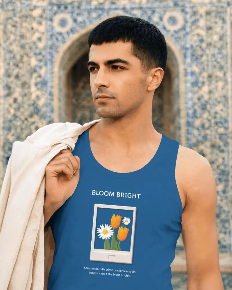 Mens Tank Top Mockup On Male Model With Jacket Over Shoulder And Ornate Tile Background