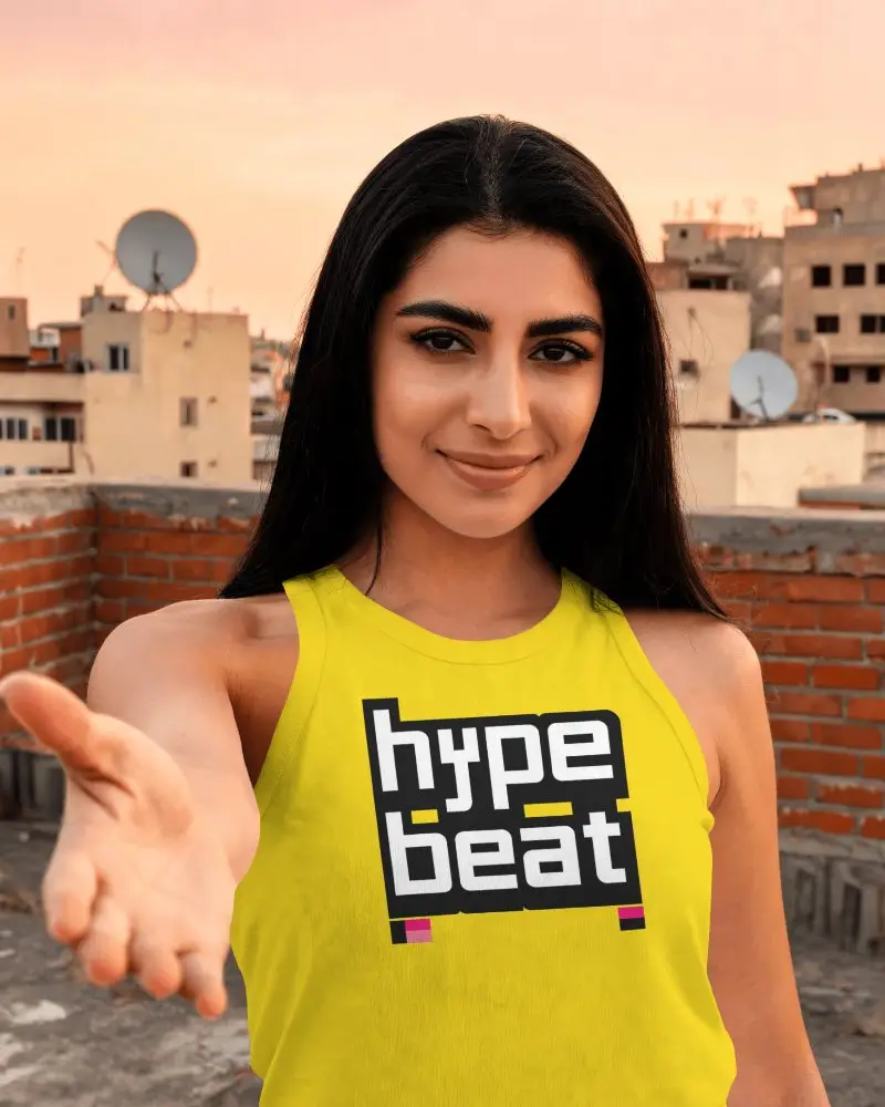 Womens Tank Top Vest Mockup On Female Model Reaching Toward Camera On Sunset Rooftop