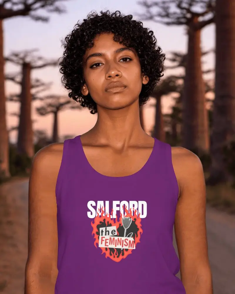 Womens Tank Top Mockup On Female Model Standing On Forest Tall Tree Road At Sunset Setting
