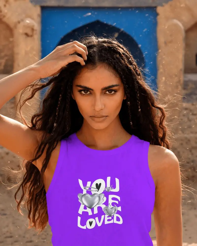 Womens Tank Top Mockup On Female Model With Hand In Hair And Sunlit Desert Background