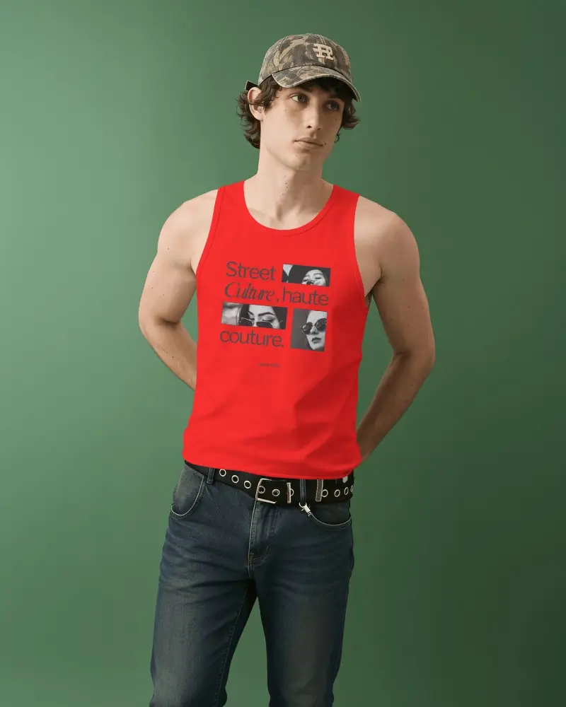Mens Tank Top Mockup On Male Model Wearing Baseball Cap Against Green Studio Background