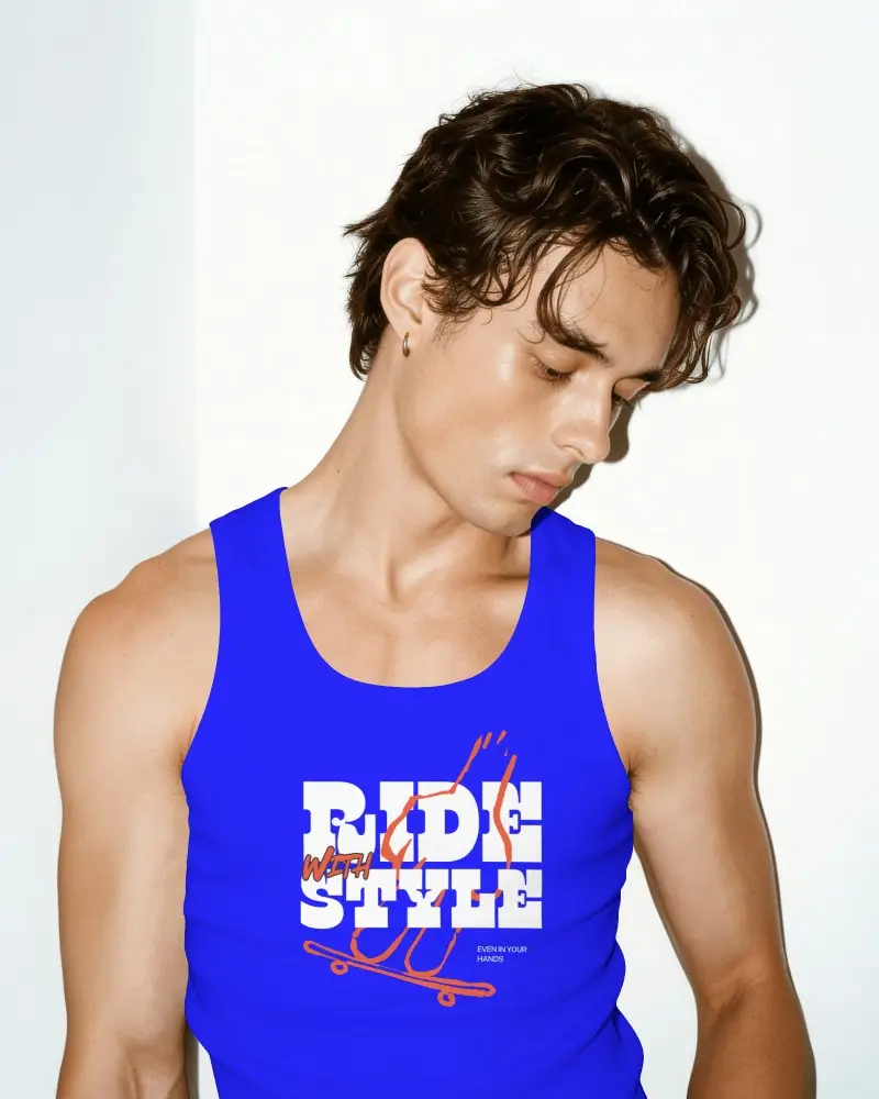 Mens Tank Top Mockup On Male Model Looking Down Against Clean White Studio Background
