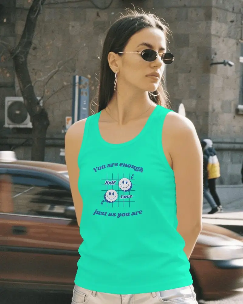 Womens Tank Top Mockup On Female Model Wearing Sunglasses In Sunlit Urban Street