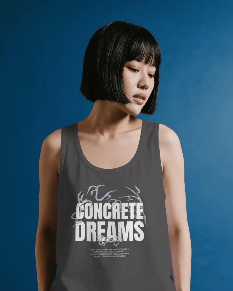 Womens Tank Top Mockup On Bob Haired Female Model Against Deep Blue Studio Background