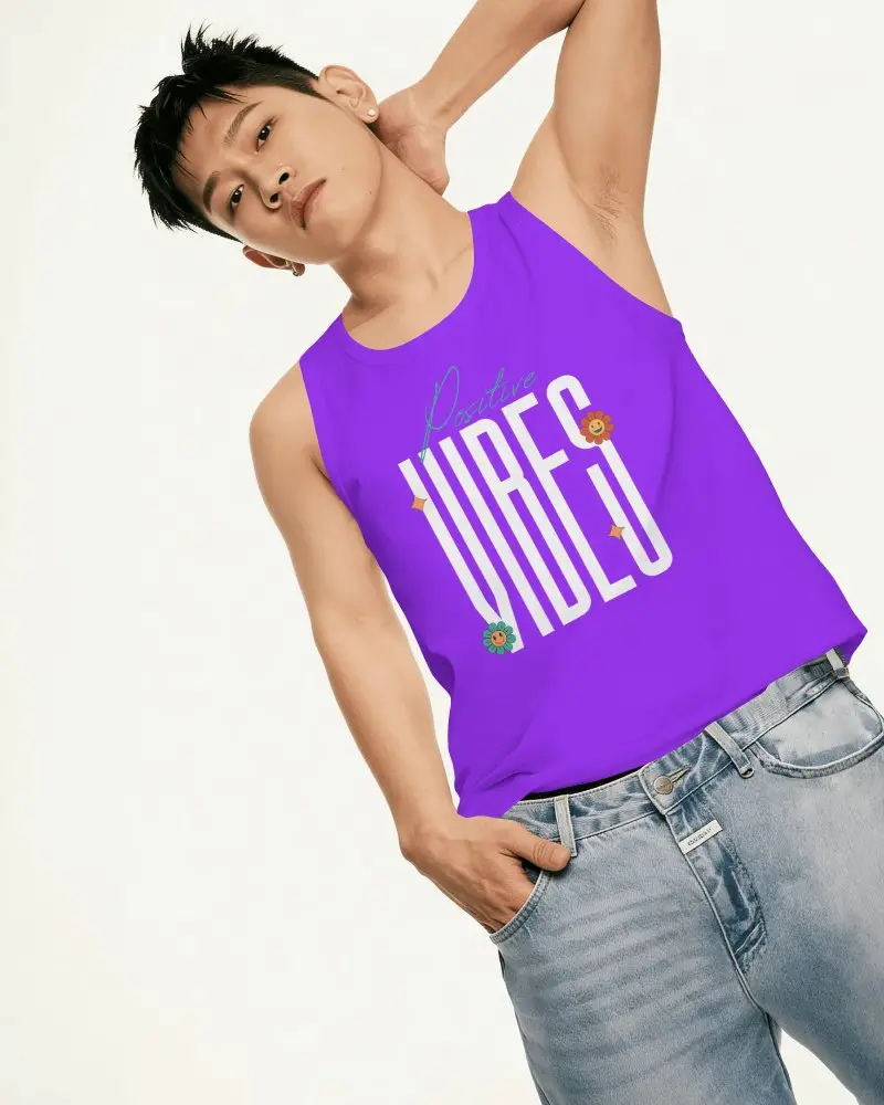 Mens Tank Top Mockup On Male Model Leaning Sideways Against Clean White Studio Background