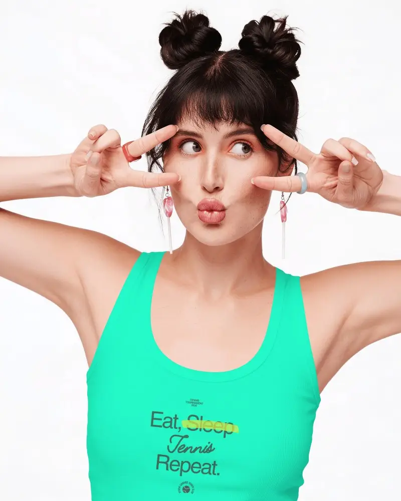 Womens Tank Top Mockup On Playful Female Model With Double Bun Hairstyle And Peace Sign Pose