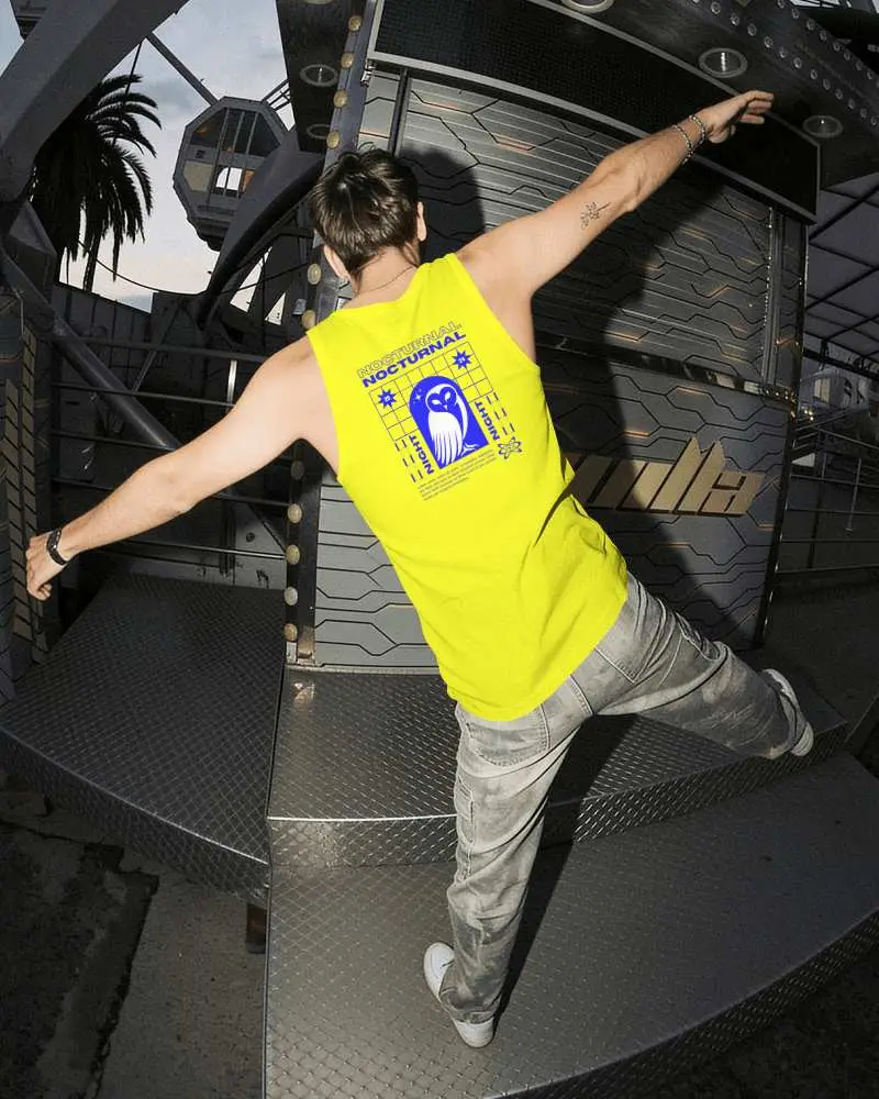 Back View Mens Vest Tank Top Mockup With Dynamic Balancing Pose On Industrial Platform