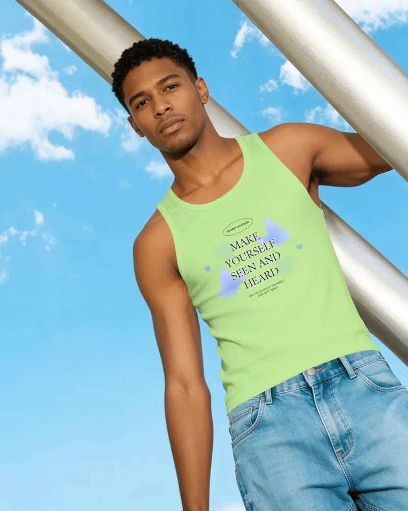 Mens Tank Top Mockup On Athletic Male Model With Blue Sky And Metal Beam Background