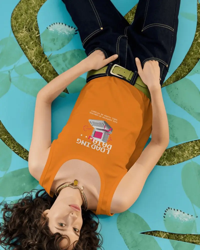 Overhead Womens Tank Top Mockup With Female Model Lying On Abstract Blue Outdoor Mat