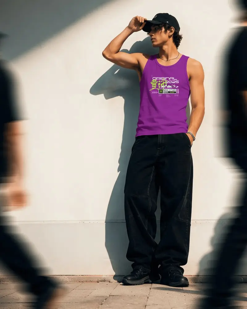 Mens Tank Top Mockup On Male Model Posing Against Sunlit Urban Wall Sunlight Shadow