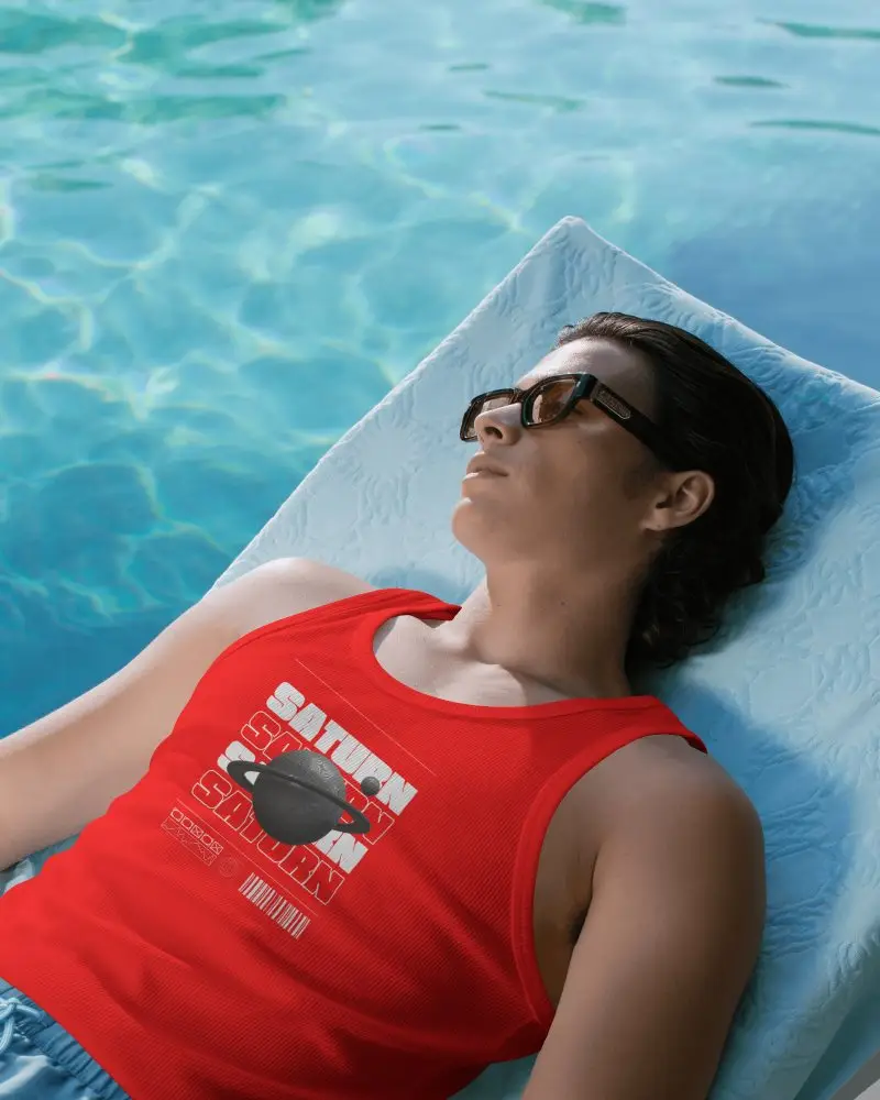 Poolside Womens Tank Top Mockup On Relaxed Female Model Reclining Beside Clear Blue Water