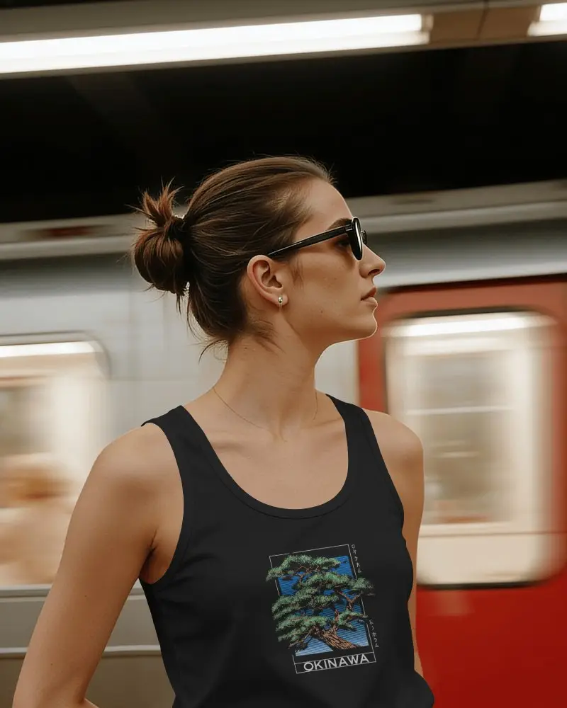 Womens Tank Top Mockup On Female Model Wearing Sunglasses At Modern Subway Station