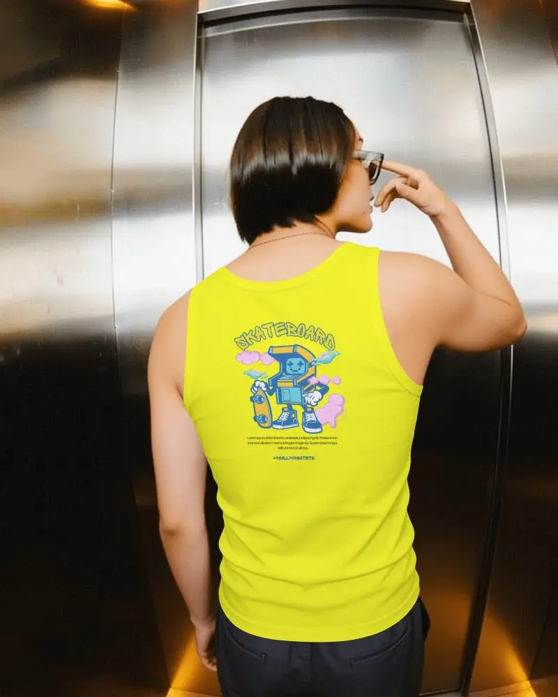 Back View Womens Tank Top Mockup On Female Model Inside Modern Metal Elevator