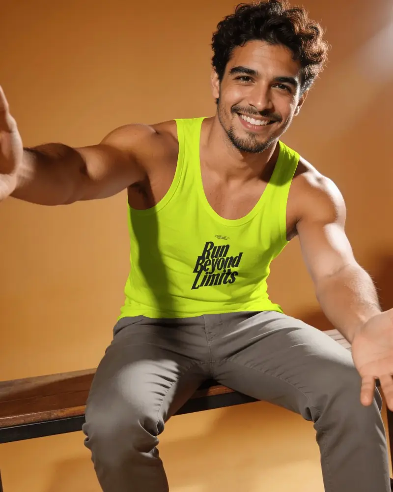 Athletic Tank Top Mockup With Male Model Sitting On Bench And Engaging Directly With Camera