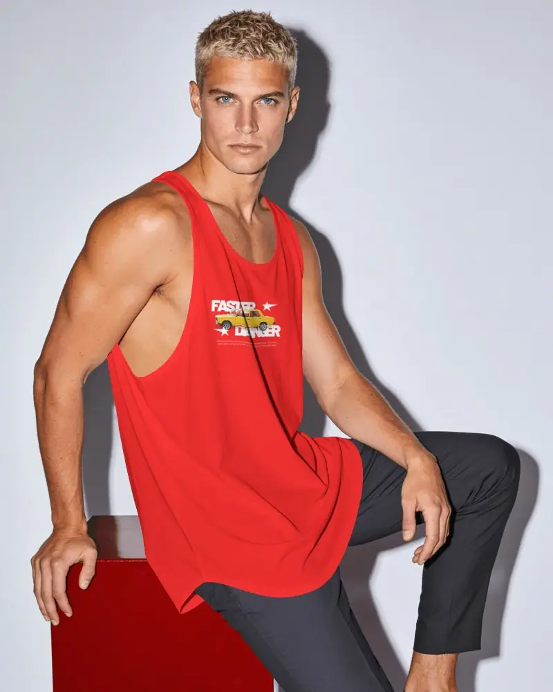 Editorial Mens Tank Top Mockup With Athletic Model Seated On Pedestal And One Knee Raised