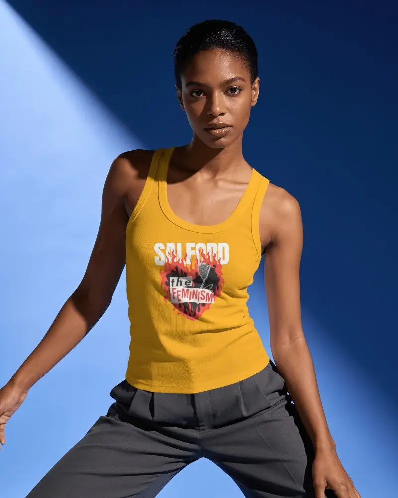 Dramatic Studio Womens Tank Top Mockup With Female Model In Wide Stance Under Angular Spotlight