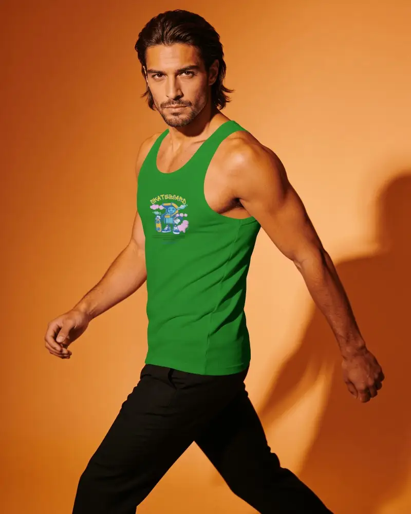 Dynamic Mens Tank Top Mockup With Athletic Model Striding Forward In Powerful Fashion Pose