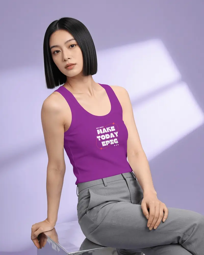 Premium Womens Tank Top Mockup Featuring Scooped Neckline Tailored Trousers And Sculptural Studio