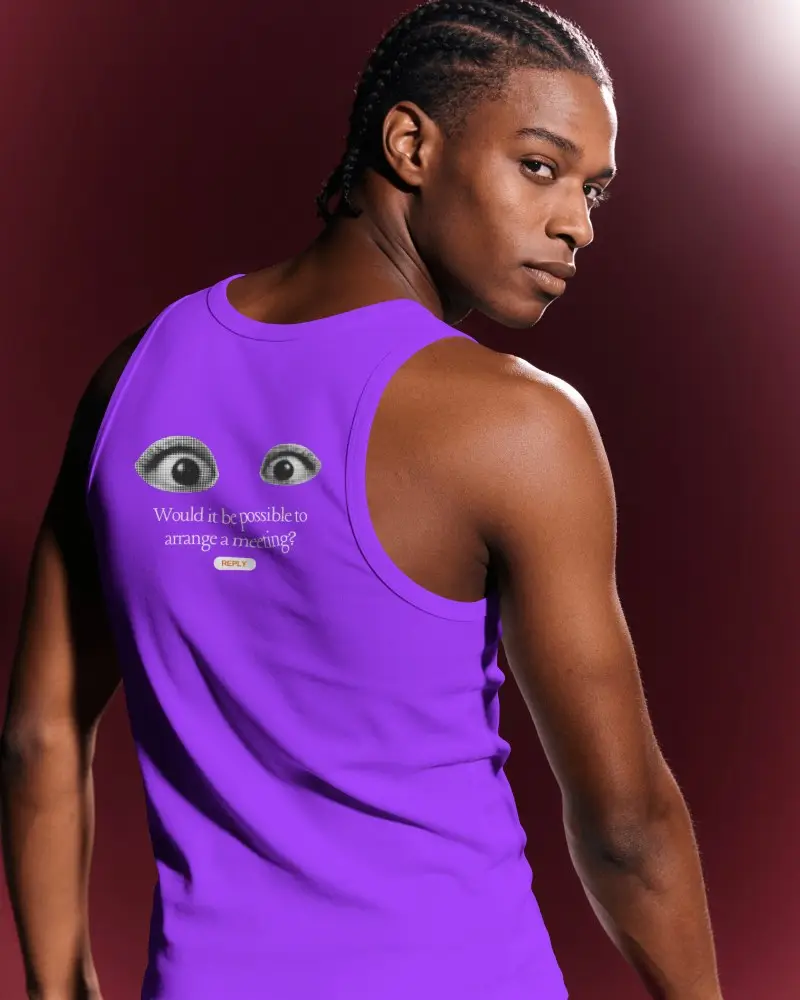 Editorial Mens Tank Top Mockup With Cornrow Hairstyle Sculpted Back Muscles And Sideward Gaze