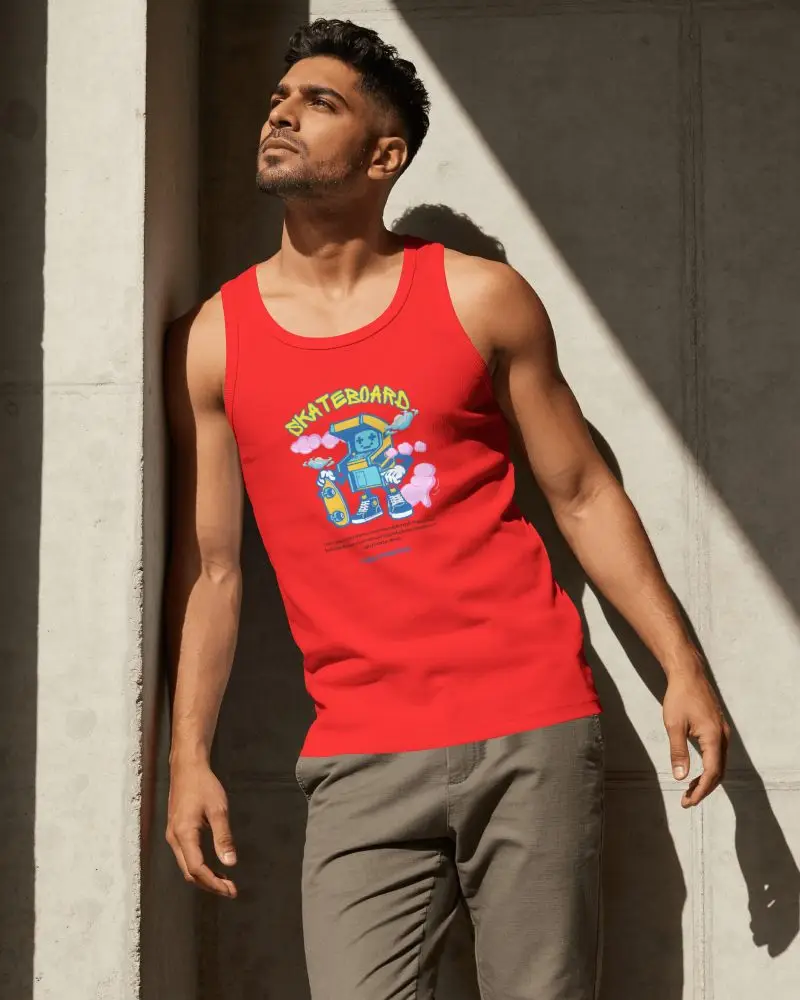 Mens Tank Top Mockup With Athletic Model Leaning Against Concrete Wall In Hard Sunlight