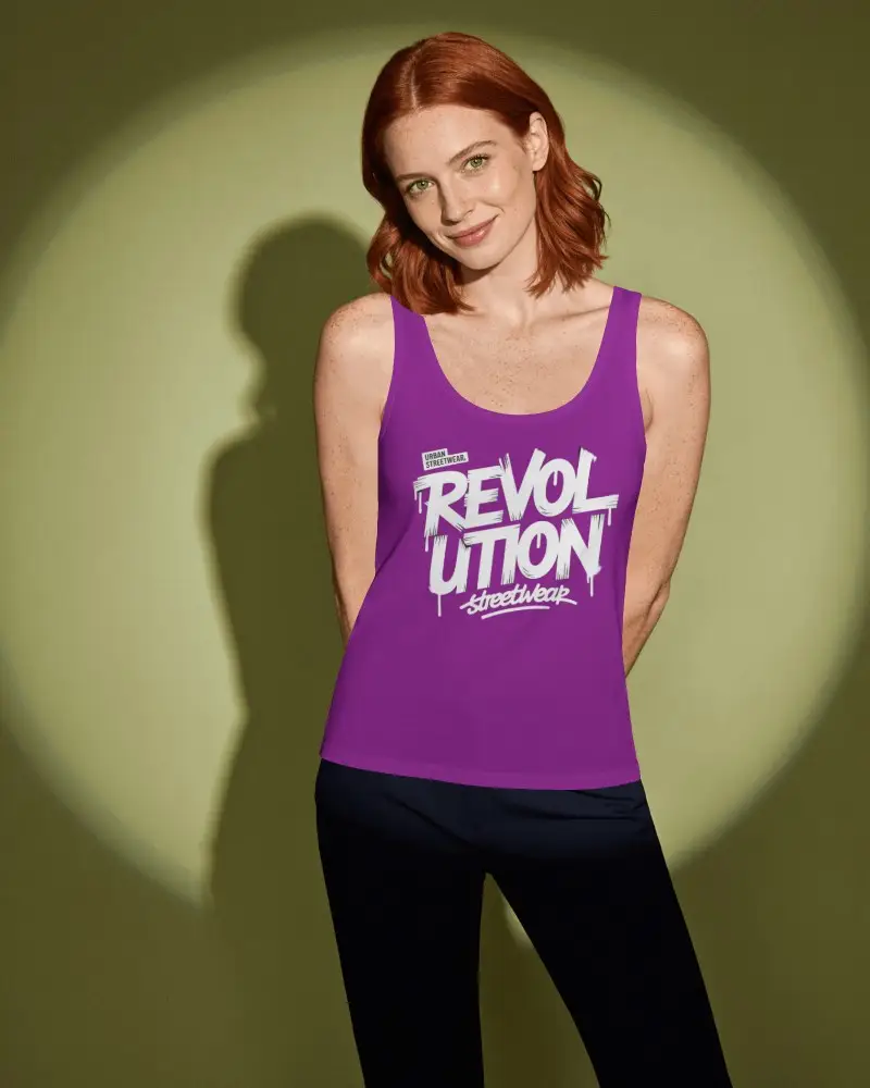 Editorial Halo Light Tank Top Mockup Female Model Standing Against Textured Studio Wall