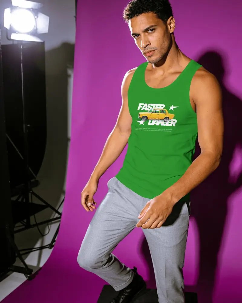 Behind The Scenes Tank Top Mockup Male Model Under Professional Studio Lighting