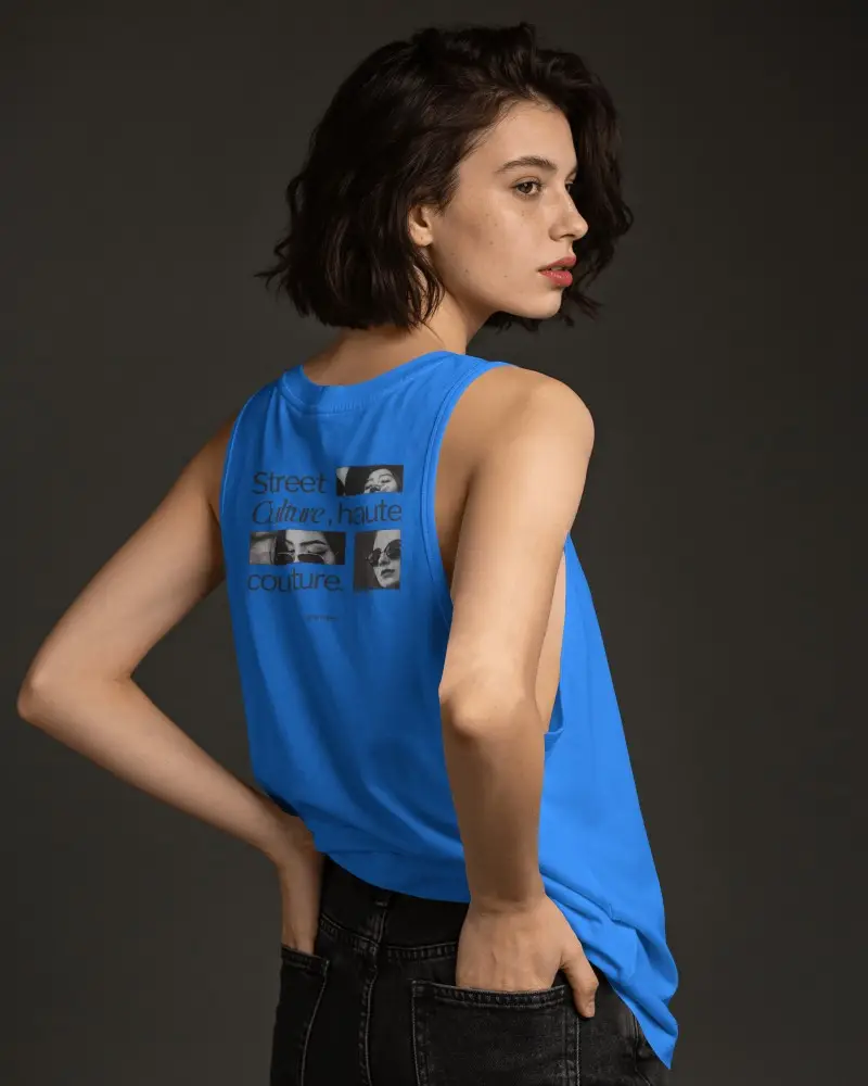 Over The Shoulder Tank Top Mockup Female Model Posing In Moody Editorial Studio Lighting