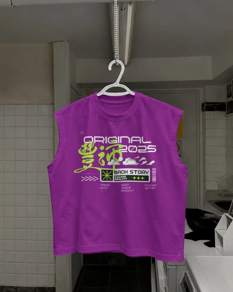 Hanging Tank Top Mockup Sleeveless Shirt Displayed On Wire Hanger In Laundry Room