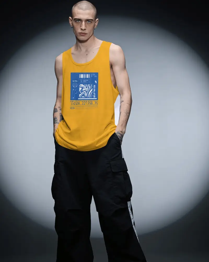 Nocturnal Editorial Tank Top Mockup Bald Male Model Under Circular Spotlight With Cargo Styling