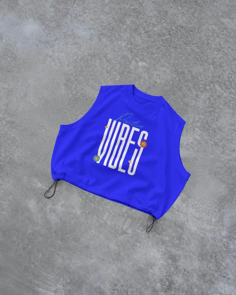Flat Lay Crop Tank Top Mockup With Drawstring Hem On Textured Concrete Surface