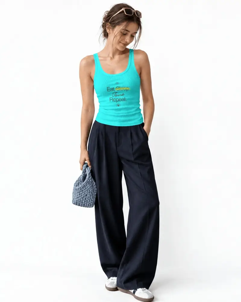 Minimalist Womens Tank Top Mockup Model In Relaxed Summer Street Style With Wide Leg Trousers